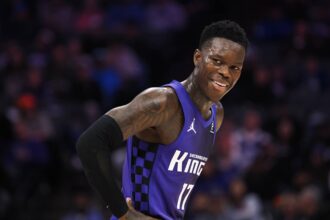 Dec 27, 2025; Sacramento, California, USA; Sacramento Kings guard Dennis Schroder (17) smiles between plays against the Dallas Mavericks during the fourth quarter at Golden 1 Center. Mandatory Credit: Kelley L Cox-Imagn Images