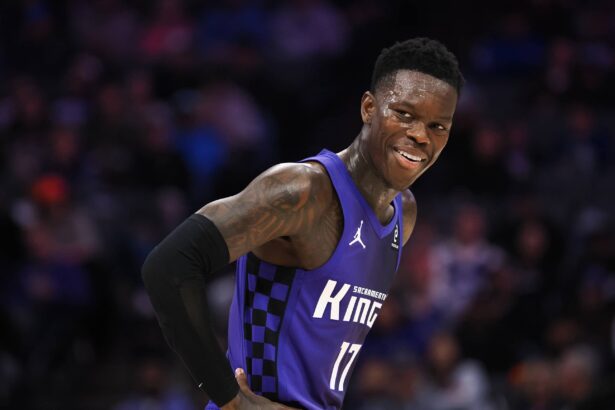 Dec 27, 2025; Sacramento, California, USA; Sacramento Kings guard Dennis Schroder (17) smiles between plays against the Dallas Mavericks during the fourth quarter at Golden 1 Center. Mandatory Credit: Kelley L Cox-Imagn Images