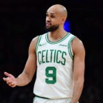 Boston Celtics guard Derrick White (9) reacts towards the official during the second half against the Indiana Pacers at TD Garden.