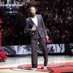 Jan 4, 2025; Chicago, Illinois, USA; Chicago Bulls and New York Knicks former player Derrick Rose speaks as he is honored at halftime of a game between the Chicago Bulls and the New York Knicks at United Center. Mandatory Credit: David Banks-Imagn Images