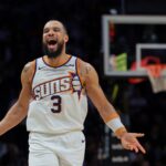 Jan 13, 2026; Miami, Florida, USA; Phoenix Suns forward Dillon Brooks (3) reacts after scoring against the Miami Heat during the third quarter at Kaseya Center. Mandatory Credit: Sam Navarro-Imagn Images