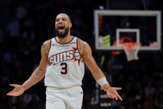 Jan 13, 2026; Miami, Florida, USA; Phoenix Suns forward Dillon Brooks (3) reacts after scoring against the Miami Heat during the third quarter at Kaseya Center. Mandatory Credit: Sam Navarro-Imagn Images