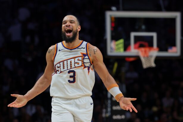 Jan 13, 2026; Miami, Florida, USA; Phoenix Suns forward Dillon Brooks (3) reacts after scoring against the Miami Heat during the third quarter at Kaseya Center. Mandatory Credit: Sam Navarro-Imagn Images
