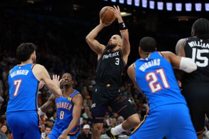 Jan 4, 2026; Phoenix, Arizona, USA; Phoenix Suns forward Dillon Brooks (3) against the Oklahoma City Thunder in the second half at Mortgage Matchup Center. Mandatory Credit: Mark J. Rebilas-Imagn Images