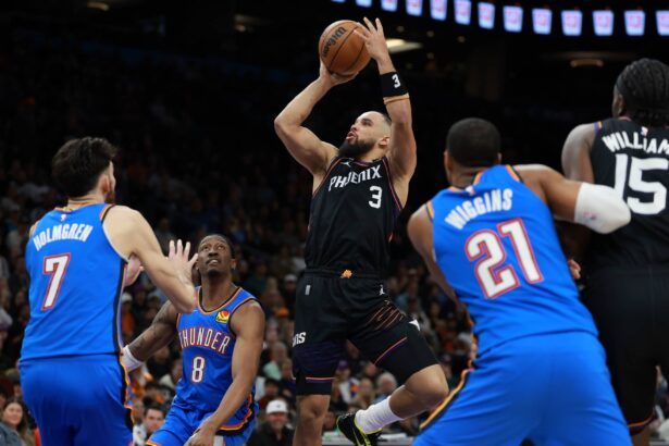 Jan 4, 2026; Phoenix, Arizona, USA; Phoenix Suns forward Dillon Brooks (3) against the Oklahoma City Thunder in the second half at Mortgage Matchup Center. Mandatory Credit: Mark J. Rebilas-Imagn Images