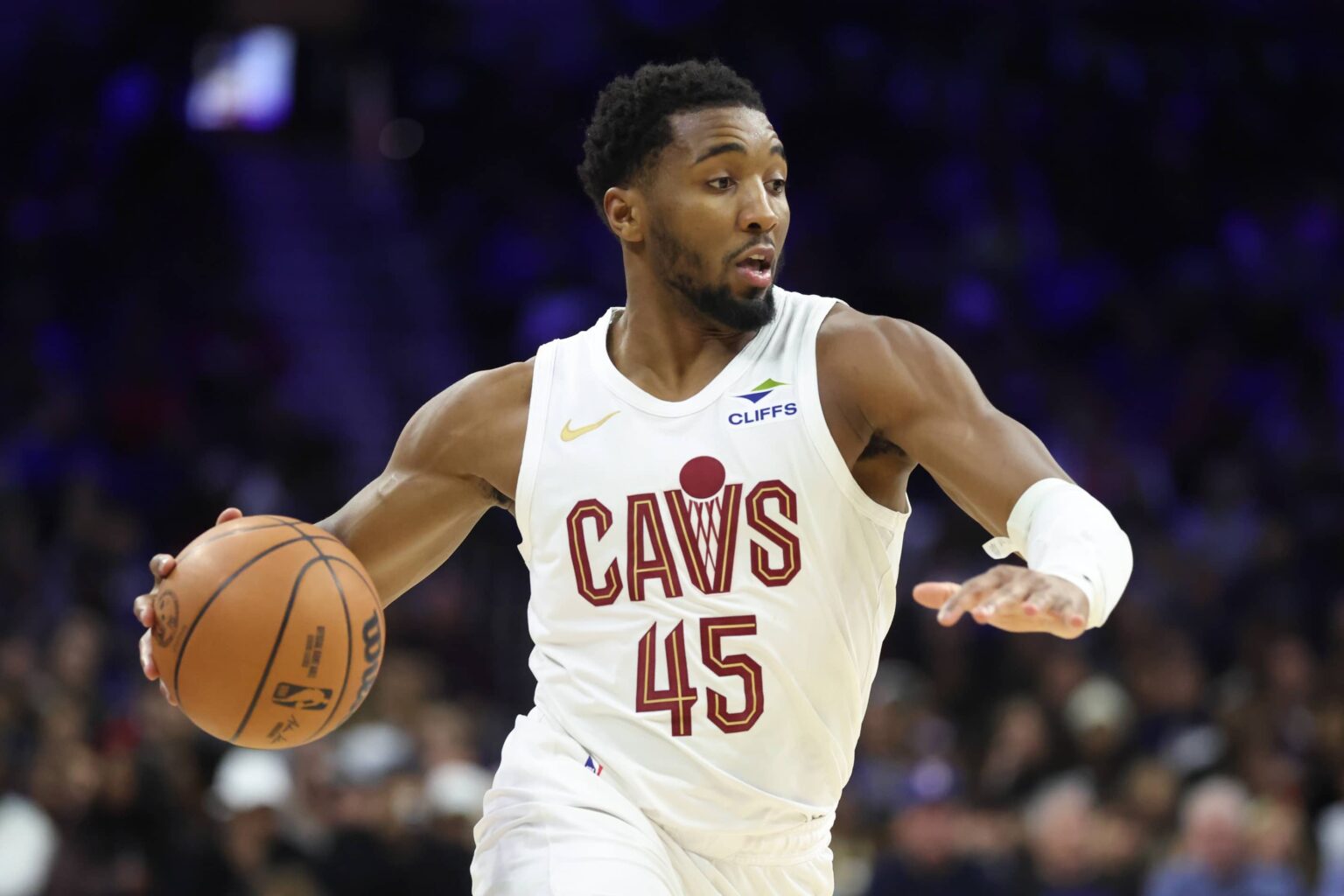 Cleveland Cavaliers guard Donovan Mitchell (45) drivers against the Philadelphia 76ers during the third quarter at Xfinity Mobile Arena.