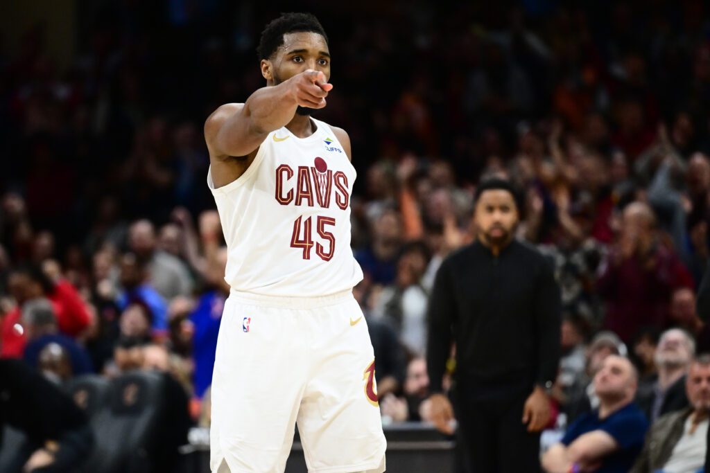 Jan 23, 2026; Cleveland, Ohio, USA; Cleveland Cavaliers guard Donovan Mitchell (45) reacts after a play against the Sacramento Kings during the second half at Rocket Arena. Mandatory Credit: Ken Blaze-Imagn Images