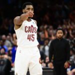 Jan 23, 2026; Cleveland, Ohio, USA; Cleveland Cavaliers guard Donovan Mitchell (45) reacts after a play against the Sacramento Kings during the second half at Rocket Arena. Mandatory Credit: Ken Blaze-Imagn Images