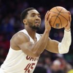 Jan 14, 2026; Philadelphia, Pennsylvania, USA; Cleveland Cavaliers guard Donovan Mitchell (45) shoots the ball against the Philadelphia 76ers during the third quarter at Xfinity Mobile Arena. Mandatory Credit: Bill Streicher-Imagn Images