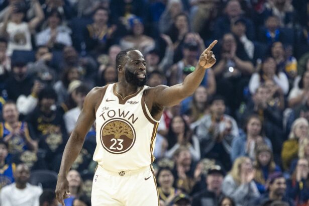 Jan 17, 2026; San Francisco, California, USA; Golden State Warriors forward Draymond Green (23) reacts after hitting a three-point shot against the Charlotte Hornets during the first quarter at Chase Center. Mandatory Credit: John Hefti-Imagn Images
