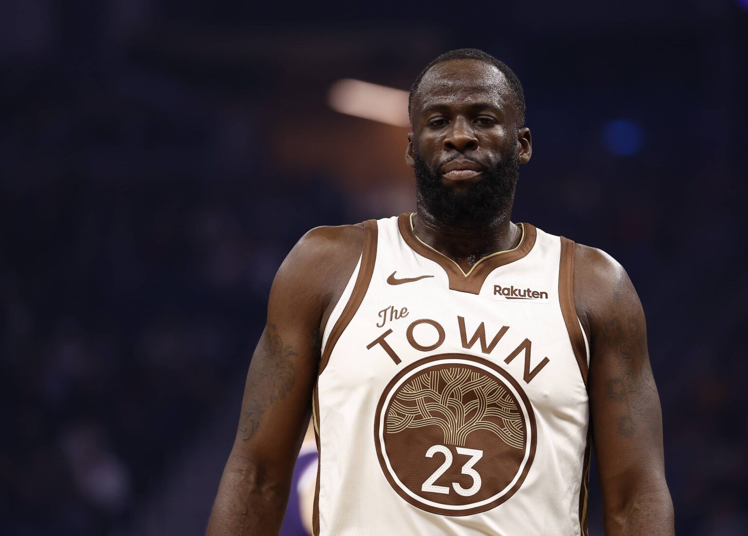 Jan 9, 2026; San Francisco, California, USA; Golden State Warriors forward Draymond Green (23) between plays during the first quarter against the Sacramento Kings at Chase Center. Mandatory Credit: Kelley L Cox-Imagn Images