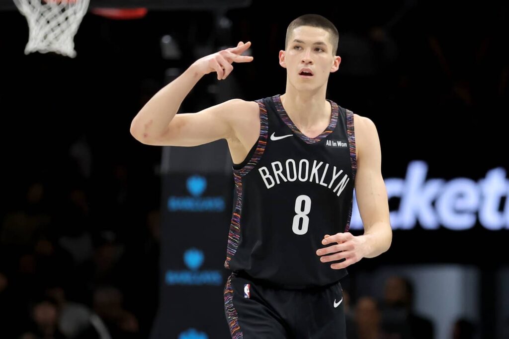 Jan 9, 2026; Brooklyn, New York, USA; Brooklyn Nets guard Egor Demin (8) celebrates his three point shot against the Los Angeles Clippers during the third quarter at Barclays Center. Mandatory Credit: Brad Penner-Imagn Images