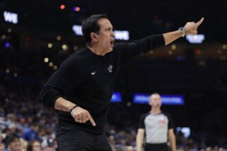 Jan 11, 2026; Oklahoma City, Oklahoma, USA; Miami Heat Head Coach Erik Spoelstra gestures to his team during a play against the Oklahoma City Thunder during the second half at Paycom Center. Mandatory Credit: Alonzo Adams-Imagn Images
