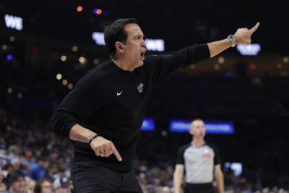 Jan 11, 2026; Oklahoma City, Oklahoma, USA; Miami Heat Head Coach Erik Spoelstra gestures to his team during a play against the Oklahoma City Thunder during the second half at Paycom Center. Mandatory Credit: Alonzo Adams-Imagn Images
