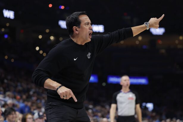 Jan 11, 2026; Oklahoma City, Oklahoma, USA; Miami Heat Head Coach Erik Spoelstra gestures to his team during a play against the Oklahoma City Thunder during the second half at Paycom Center. Mandatory Credit: Alonzo Adams-Imagn Images