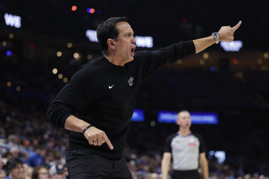 Jan 11, 2026; Oklahoma City, Oklahoma, USA; Miami Heat Head Coach Erik Spoelstra gestures to his team during a play against the Oklahoma City Thunder during the second half at Paycom Center. Mandatory Credit: Alonzo Adams-Imagn Images