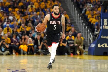 Apr 26, 2025; San Francisco, California, USA; Houston Rockets guard Fred VanVleet (5) dribbles against the Golden State Warriors during the fourth quarter of game three of first round for the 2024 NBA Playoffs at Chase Center. Mandatory Credit: Darren Yamashita-Imagn Images
