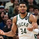 Milwaukee Bucks forward Giannis Antetokounmpo (34) reacts in the third quarter against the Los Angeles Lakers at Fiserv Forum.