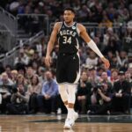 Jan 23, 2026; Milwaukee, Wisconsin, USA; Milwaukee Bucks forward Giannis Antetokounmpo (34) during the game against the Denver Nuggets at Fiserv Forum. Mandatory Credit: Jeff Hanisch-Imagn Images