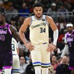 Jan 13, 2026; Milwaukee, Wisconsin, USA; Milwaukee Bucks forward Giannis Antetokounmpo (34) reacts in the second quarter against the Minnesota Timberwolves at Fiserv Forum. Mandatory Credit: Benny Sieu-Imagn Images