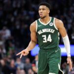 Feb 23, 2024; Minneapolis, Minnesota, USA; Milwaukee Bucks forward Giannis Antetokounmpo (34) celebrates his shot during the second half against the Minnesota Timberwolves at Target Center. Mandatory Credit: Matt Krohn-Imagn Images