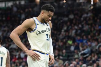 Jan 13, 2026; Milwaukee, Wisconsin, USA; Milwaukee Bucks forward Giannis Antetokounmpo (34) reacts in the second quarter against the Minnesota Timberwolves at Fiserv Forum. Mandatory Credit: Benny Sieu-Imagn Images