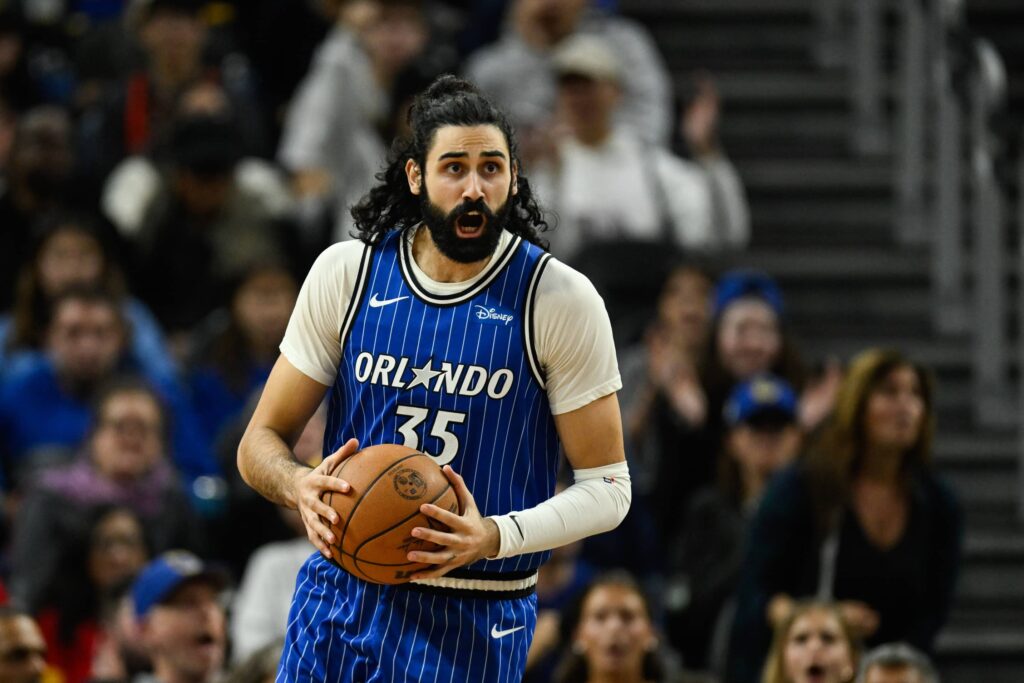 Dec 22, 2025; San Francisco, California, USA; Orlando Magic center Goga Bitadze (35) celebrates against the Golden State Warriors in the third quarter at Chase Center. Mandatory Credit: Eakin Howard-Imagn Images