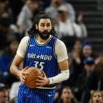 San Francisco, California, USA; Orlando Magic center Goga Bitadze (35) celebrates against the Golden State Warriors in the third quarter at Chase Center. Mandatory Credit: Eakin Howard-Imagn Images