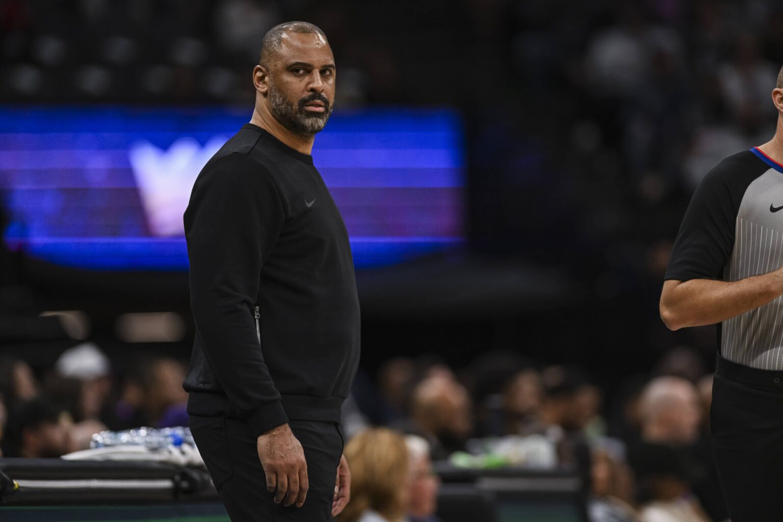 Jan 11, 2026; Sacramento, California, USA; Houston Rockets head coach Ime Udoka looks on during the second quarter against the Sacramento Kings at Golden 1 Center. Mandatory Credit: Justine Willard-Imagn Images