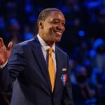 February 20, 2022; Cleveland, Ohio, USA; NBA great Isiah Thomas is honored for being selected to the NBA 75th Anniversary Team during halftime in the 2022 NBA All-Star Game at Rocket Mortgage FieldHouse. Mandatory Credit: Kyle Terada-Imagn Images