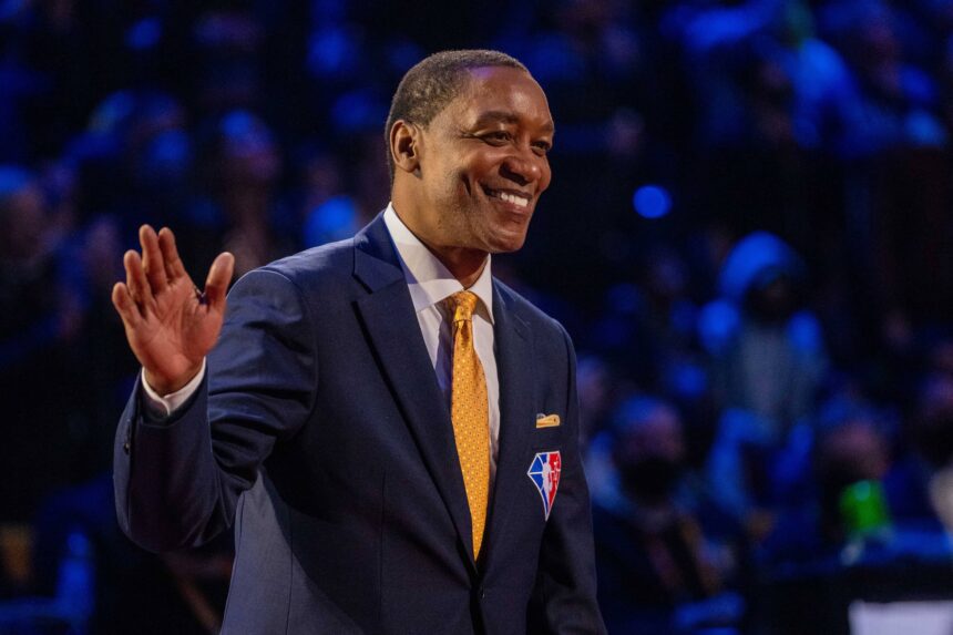 February 20, 2022; Cleveland, Ohio, USA; NBA great Isiah Thomas is honored for being selected to the NBA 75th Anniversary Team during halftime in the 2022 NBA All-Star Game at Rocket Mortgage FieldHouse. Mandatory Credit: Kyle Terada-Imagn Images