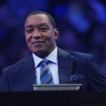 Isiah Thomas judges the Slam Dunk Contest during the 2022 NBA All-Star Saturday Night at Rocket Mortgage Field House.