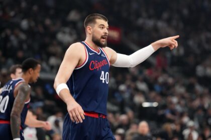 Jan 5, 2026; Inglewood, California, USA; LA Clippers center Ivica Zubac (40) reacts against the Golden State Warriors in the first half at Intuit Dome. Mandatory Credit: Kirby Lee-Imagn Images