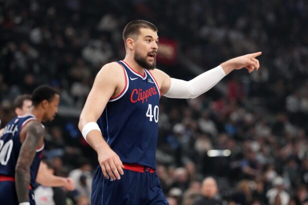 Jan 5, 2026; Inglewood, California, USA; LA Clippers center Ivica Zubac (40) reacts against the Golden State Warriors in the first half at Intuit Dome. Mandatory Credit: Kirby Lee-Imagn Images