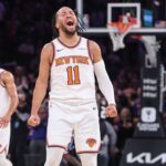Jan 25, 2025; New York, New York, USA; New York Knicks guard Jalen Brunson (11) celebrates during a timeout called by the Sacramento Kings in the third quarter at Madison Square Garden. Mandatory Credit: Wendell Cruz-Imagn Images