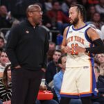 Jan 3, 2026; New York, New York, USA; New York Knicks head coach Mike Brown talks with guard Jalen Brunson (11) in the third quarter against the Philadelphia 76ers at Madison Square Garden. Mandatory Credit: Wendell Cruz-Imagn Images