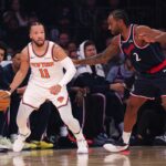 Jan 7, 2026; New York, New York, USA; New York Knicks guard Jalen Brunson (11) is guarded by LA Clippers forward Kawhi Leonard (2) during the first quarter at Madison Square Garden. Mandatory Credit: Vincent Carchietta-Imagn Images