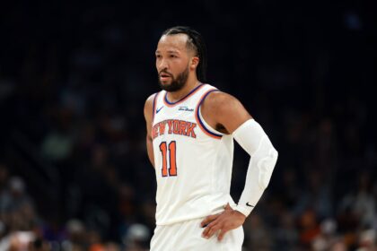 Jan 9, 2026; Phoenix, Arizona, USA; New York Knicks guard Jalen Brunson (11) against the Phoenix Suns at Mortgage Matchup Center. Mandatory Credit: Mark J. Rebilas-Imagn Images
