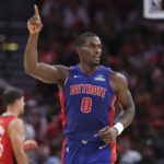 Oct 24, 2025; Houston, Texas, USA; Detroit Pistons center Jalen Duren (0) reacts after making a basket during the second quarter against the Houston Rockets at Toyota Center. Mandatory Credit: Troy Taormina-Imagn Images