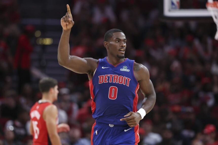 Oct 24, 2025; Houston, Texas, USA; Detroit Pistons center Jalen Duren (0) reacts after making a basket during the second quarter against the Houston Rockets at Toyota Center. Mandatory Credit: Troy Taormina-Imagn Images
