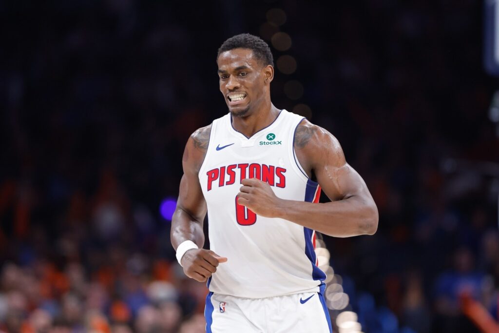 Apr 2, 2025; Oklahoma City, Oklahoma, USA; Detroit Pistons center Jalen Duren (0) runs down the court against the Oklahoma City Thunder during the second half at Paycom Center. Mandatory Credit: Alonzo Adams-Imagn Images