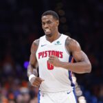 Apr 2, 2025; Oklahoma City, Oklahoma, USA; Detroit Pistons center Jalen Duren (0) runs down the court against the Oklahoma City Thunder during the second half at Paycom Center. Mandatory Credit: Alonzo Adams-Imagn Images