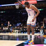 Jan 17, 2026; Miami, Florida, USA; Oklahoma City Thunder guard Jalen Williams (8) grabs the back of his right leg after a play against the Miami Heat during the second quarter at Kaseya Center. Mandatory Credit: Sam Navarro-Imagn Images