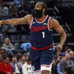 Dec 5, 2025; Memphis, Tennessee, USA; Los Angeles Clippers guard James Harden (1) reacts during the first quarter against the Memphis Grizzlies at FedExForum. Mandatory Credit: Petre Thomas-Imagn Images