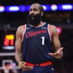 Dec 11, 2025; Houston, Texas, USA; Los Angeles Clippers guard James Harden (1) reacts after a play during the third quarter against the Houston Rockets at Toyota Center. Mandatory Credit: Troy Taormina-Imagn Images