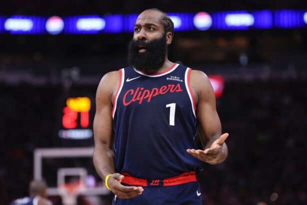 Dec 11, 2025; Houston, Texas, USA; Los Angeles Clippers guard James Harden (1) reacts after a play during the third quarter against the Houston Rockets at Toyota Center. Mandatory Credit: Troy Taormina-Imagn Images