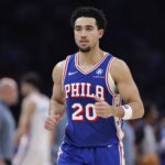 Dec 28, 2025; Oklahoma City, Oklahoma, USA; Philadelphia 76ers guard Jared McCain (20) runs off the court during a time out against the Oklahoma City Thunder during the second half at Paycom Center. Mandatory Credit: Alonzo Adams-Imagn Images