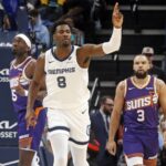 Memphis Grizzlies forward Jaren Jackson Jr. (8) reacts during the first quarter against the Phoenix Suns at FedExForum.