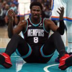 Memphis Grizzlies forward/center Jaren Jackson Jr. (8) reacts during the first quarter against the Oklahoma City Thunder at FedExForum.