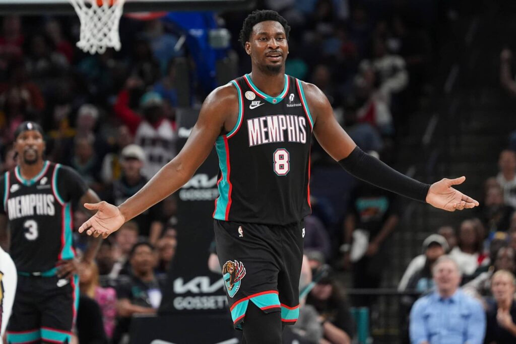 Grizzlies' Jaren Jackson Jr. (8) reacts after fouling out during the home opener against the New Orleans Pelicans at FedExForum on October 22, 2025. Mandatory Credit: © Chris Day/The Commercial Appeal / USA TODAY NETWORK via Imagn Images
